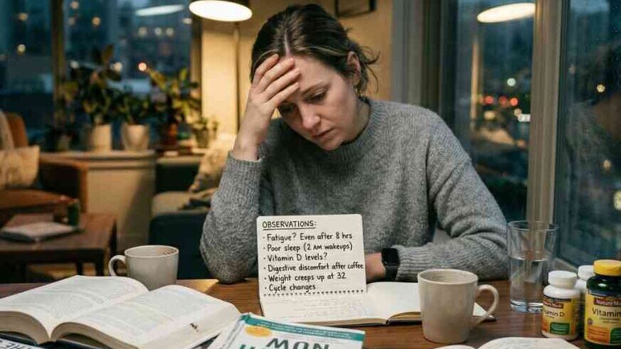 MyHealthyLifestyle blog post showing a woman identifying symptoms of stress-related fatigue, poor sleep, and vitamin deficiencies.