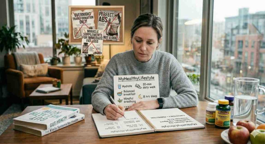 MyHealthyLifestyle philosophy visual emphasizing sustainable health systems over extreme diets and miracle supplements.