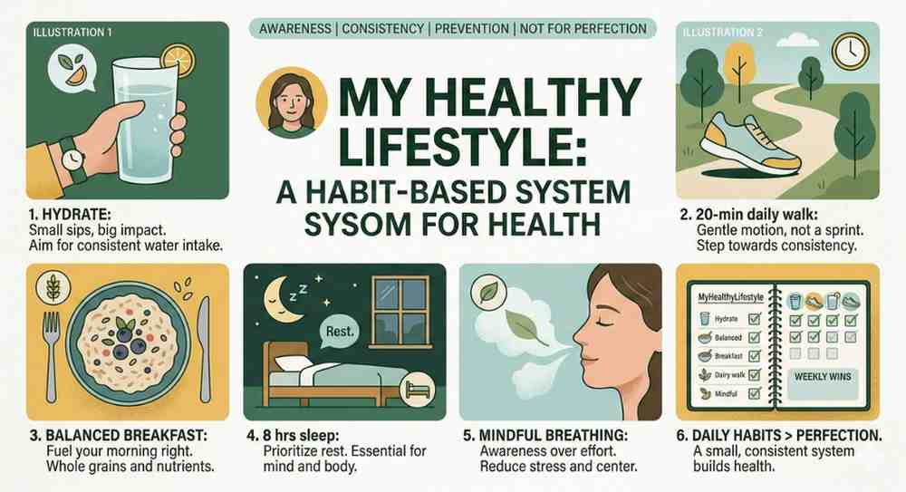 MyHealthyLifestyle infographic on building health through daily habits like hydration, 20-minute walks, and consistent sleep.